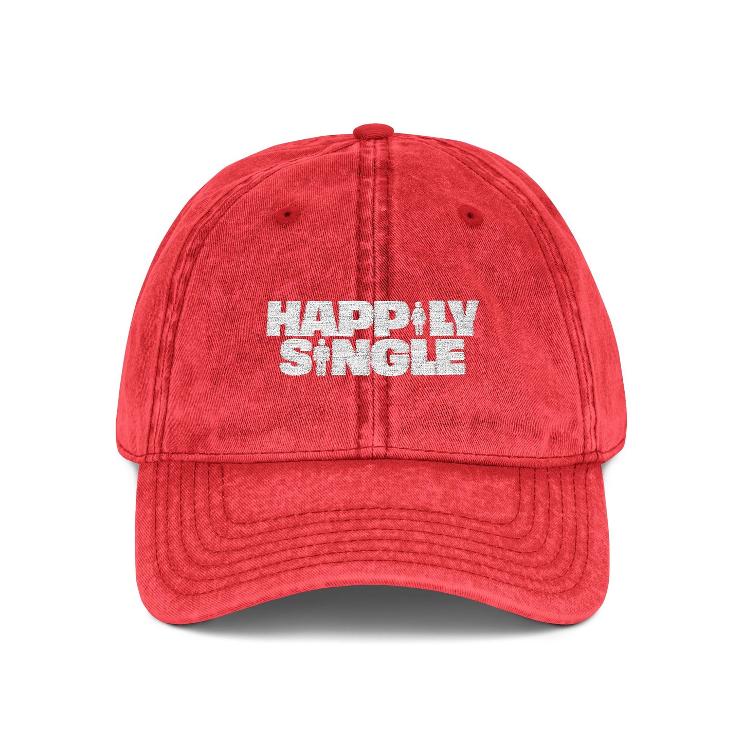 Red Happily Single embroidered baseball cap product mockup showing the front design.

