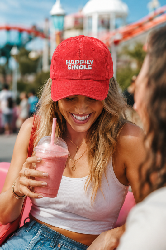 Young woman wearing a red Happily Single baseball cap laughing while drinking a pink smoothie at an amusement park.
