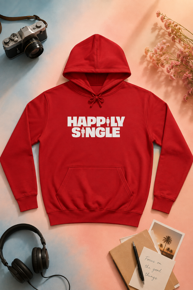 Red Happily Single hoodie flat lay on pastel peach and blue background
