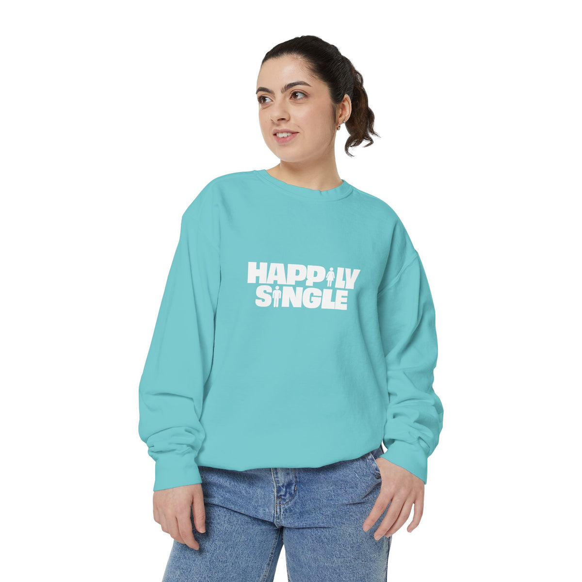 Woman wearing chalky mint Happily Single sweatshirt