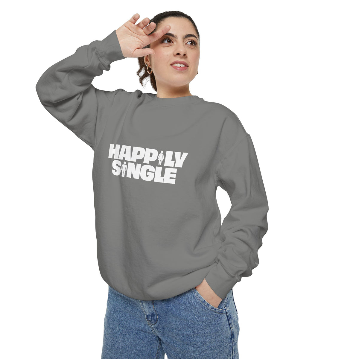 Woman wearing grey Happily Single sweatshirt posing casually