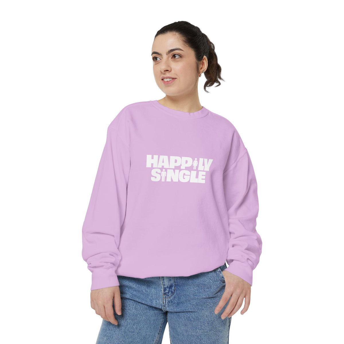 Woman wearing orchid Happily Single sweatshirt