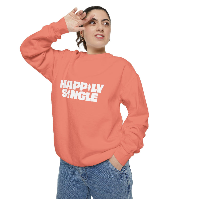 Woman wearing terracotta Happily Single sweatshirt, casual pose