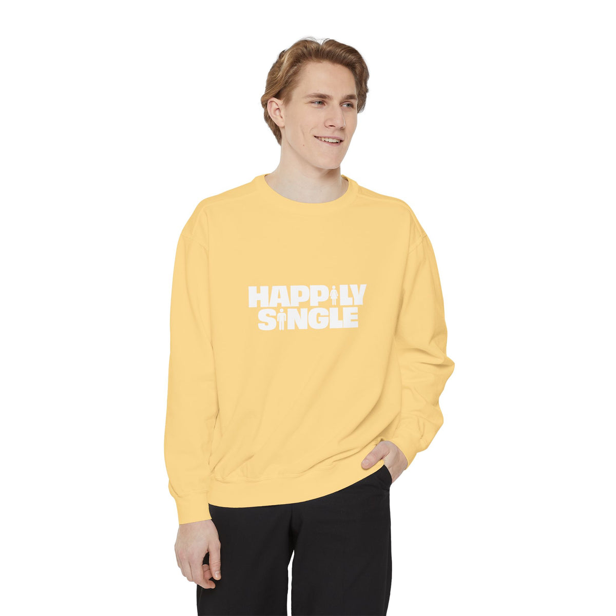 Man modeling yellow Happily Single sweatshirt