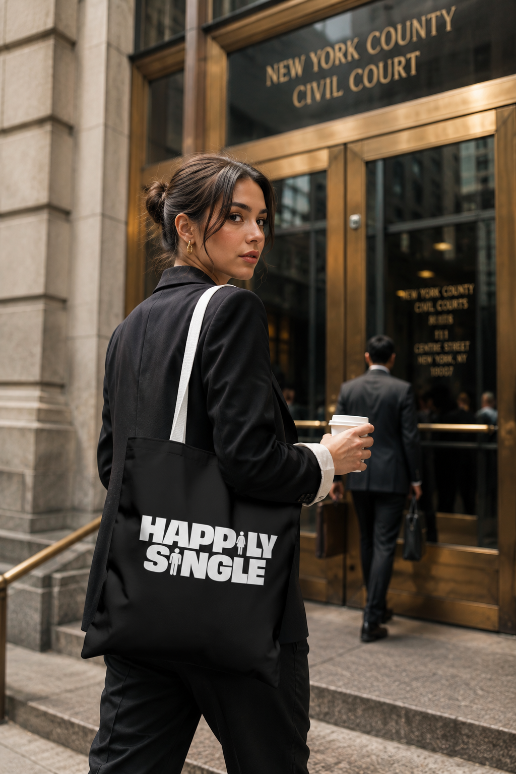 Young female lawyer carrying the Happily Single tote bag while entering New York County Civil Court.