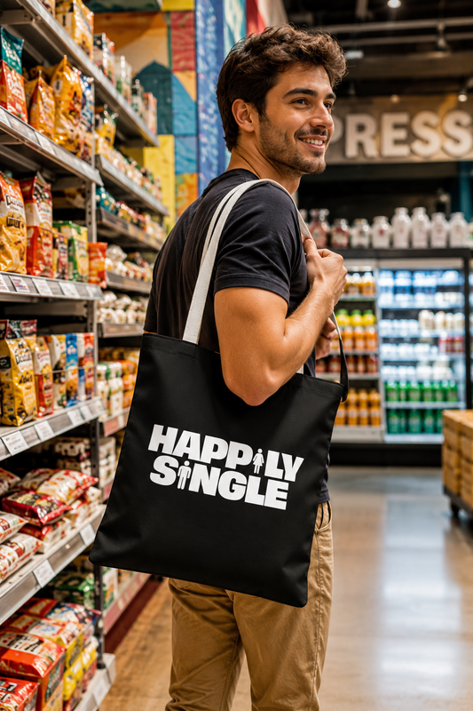 Millennial man carrying a black Happily Single tote bag while shopping in a colorful supermarket aisle.