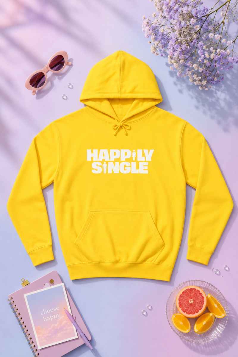 Yellow Happily Single hoodie flat lay on pastel lavender background with lifestyle accessories