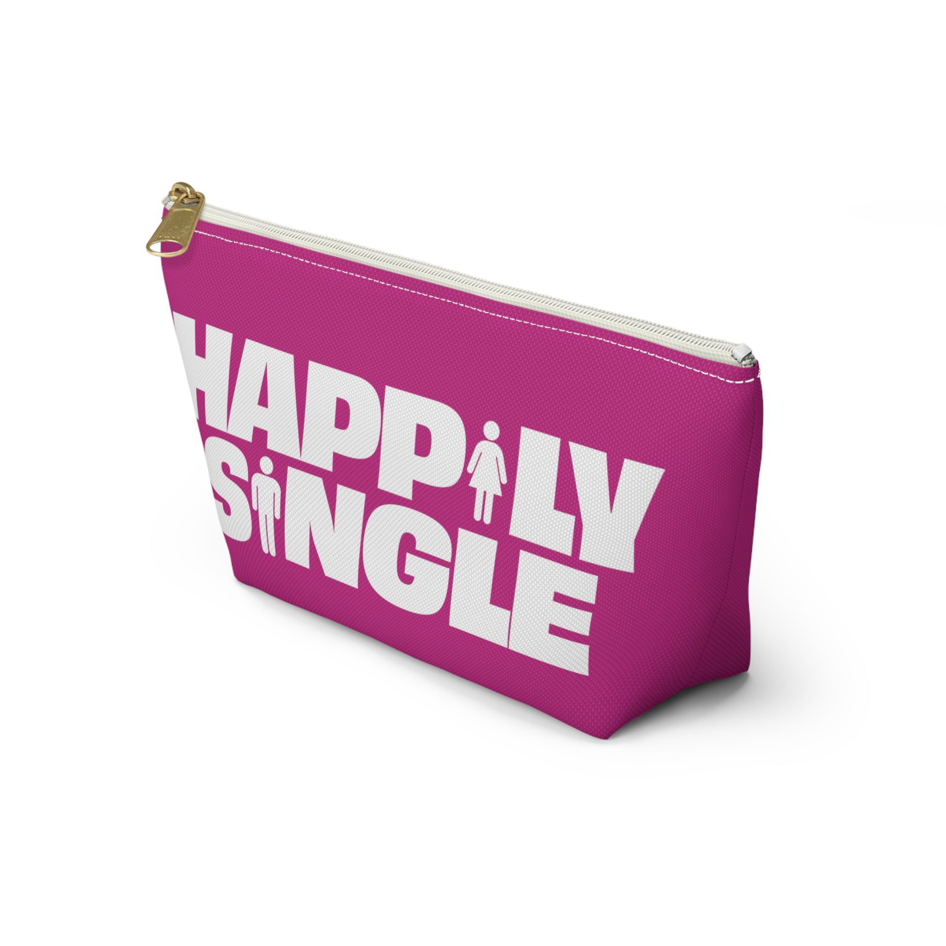Angled view of pink Happily Single zip pouch with gold zipper