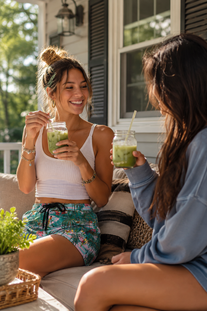 Women wearing tropical, Hawaiian print summer shorts while relaxing on a sunny porch with iced drinks