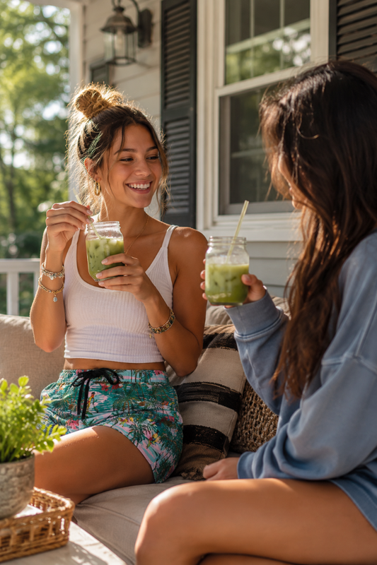 Women wearing tropical, Hawaiian print summer shorts while relaxing on a sunny porch with iced drinks