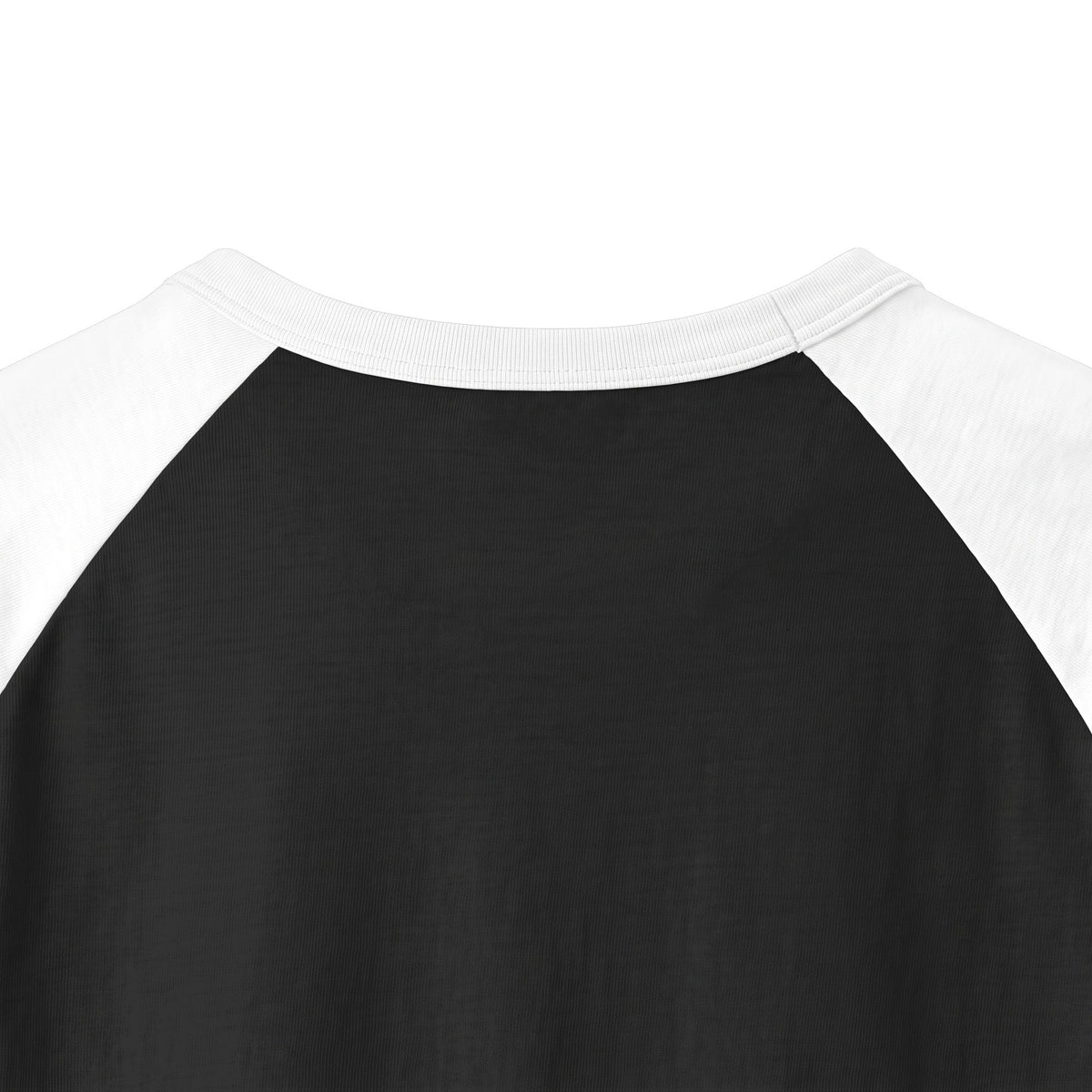 Close-up of the back neckline and contrasting white raglan sleeves on the black Heartstarter baseball T-shirt.