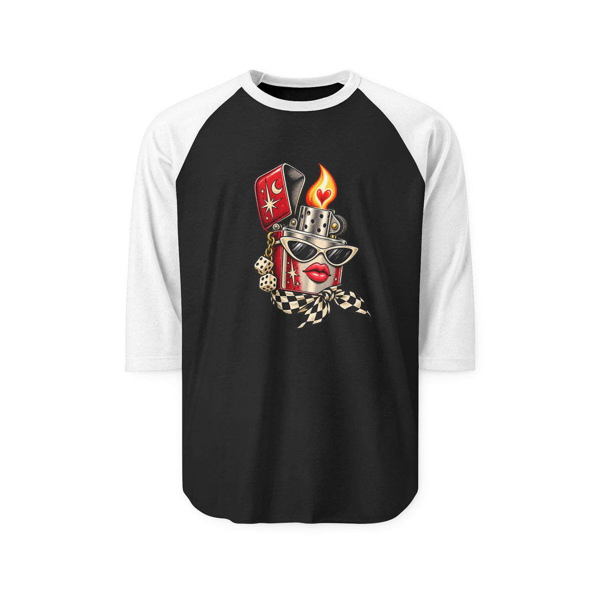 Black graphic baseball tee with white raglan sleeves and original red lighter illustration featuring sunglasses, lucky dice and a heart-shaped flame.