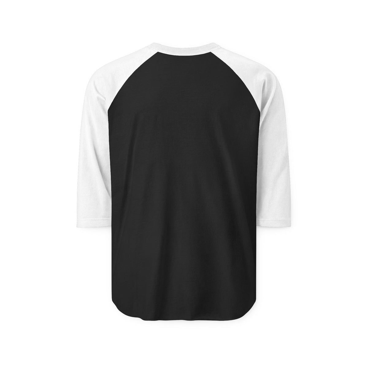 Back view of the black baseball T-shirt with contrasting white three-quarter raglan sleeves.