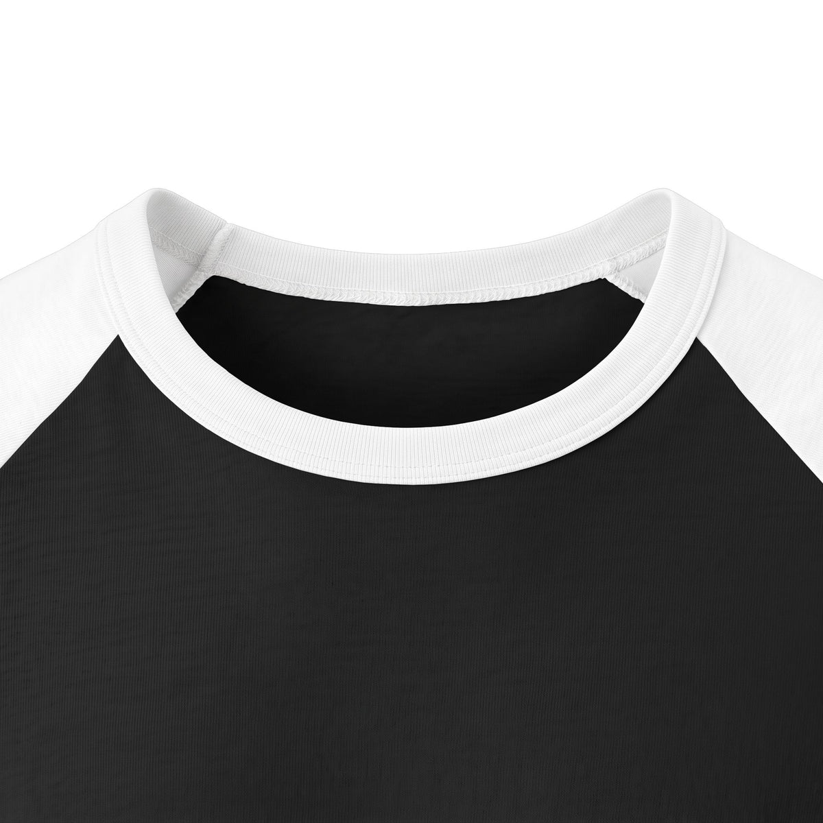 Close-up of the white ribbed crew neckline and black fabric of the Heartstarter three-quarter sleeve baseball shirt.