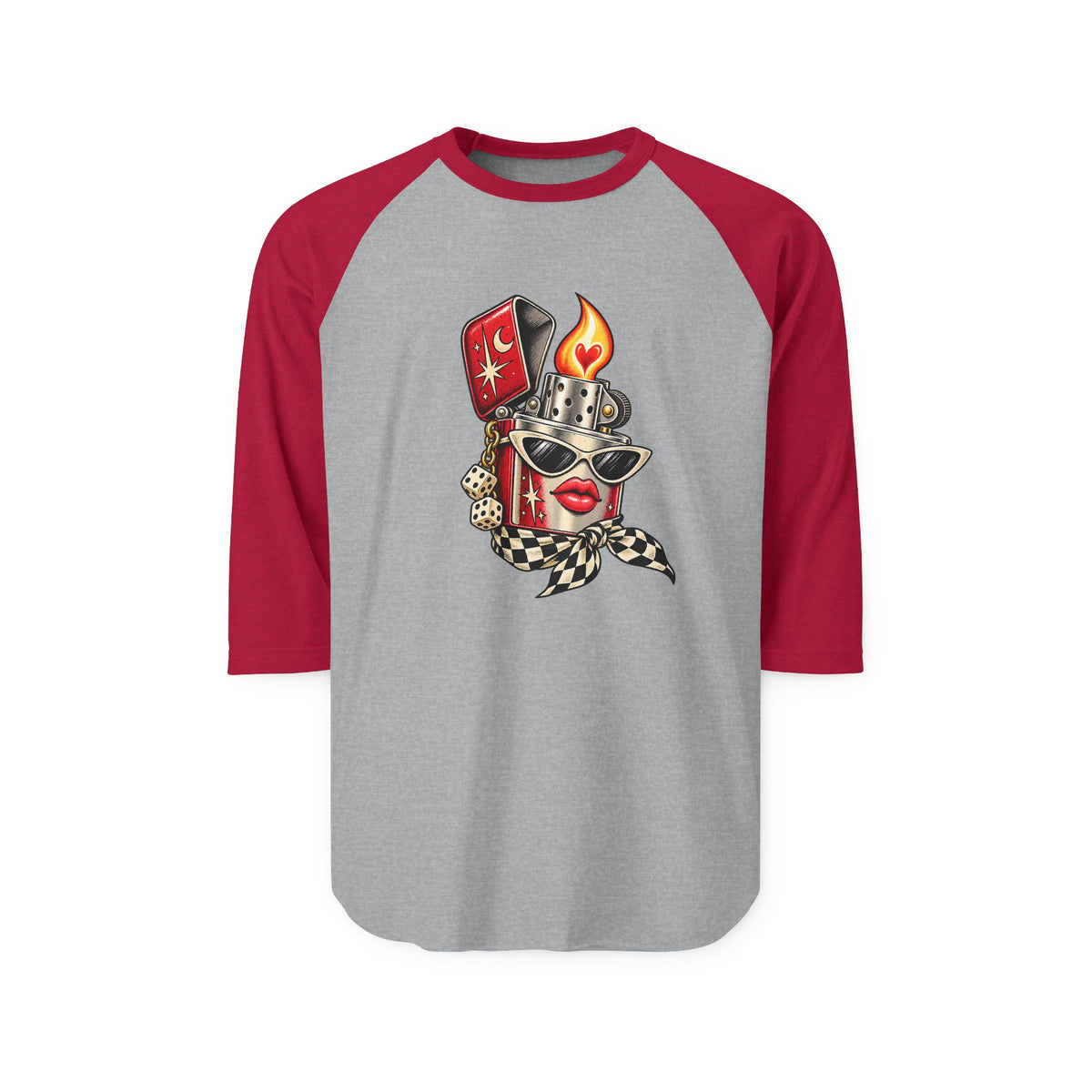 Heather gray unisex baseball T-shirt with red three-quarter sleeves and colorful Heartstarter lighter artwork.