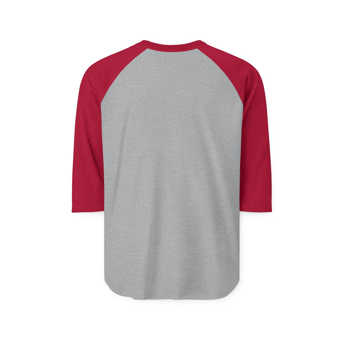 Back view of the heather gray and red three-quarter sleeve raglan baseball shirt.