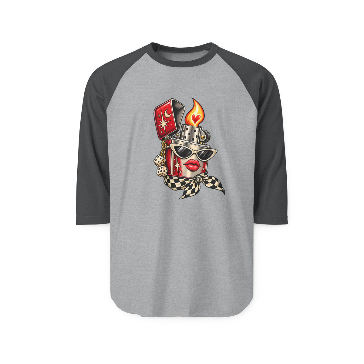 Heather gray graphic baseball shirt with charcoal three-quarter sleeves and vintage-inspired lighter artwork.
