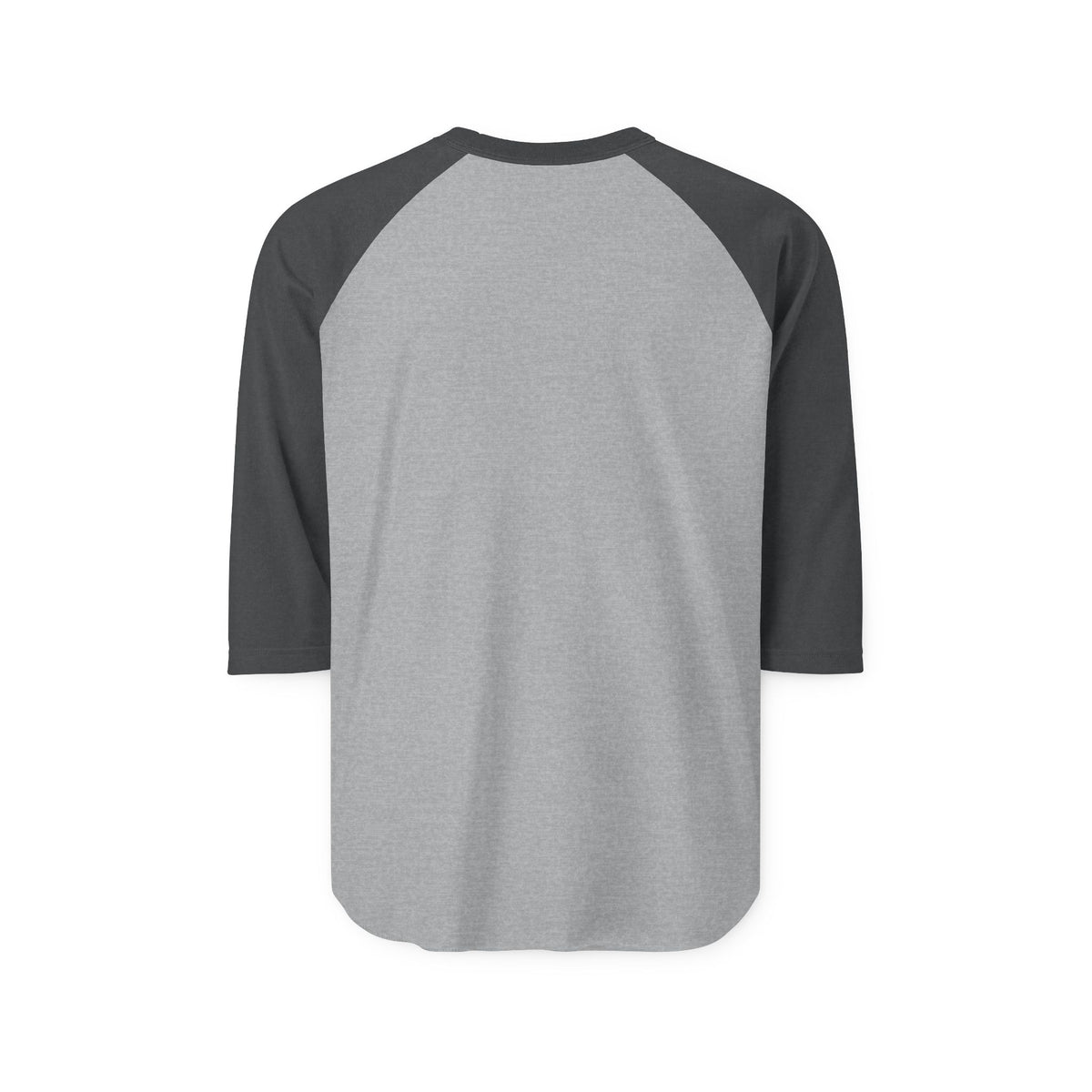 Back view of the heather gray unisex baseball shirt with charcoal three-quarter sleeves and crew neckline.