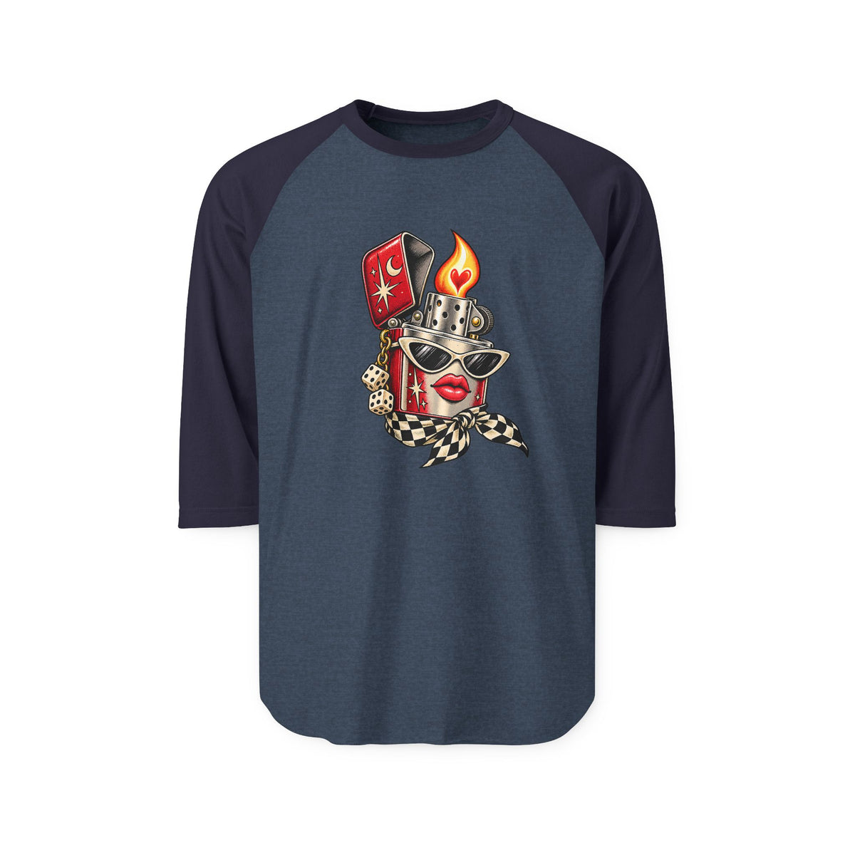 Heather navy baseball T-shirt with dark navy raglan sleeves and colorful Heartstarter lighter illustration.