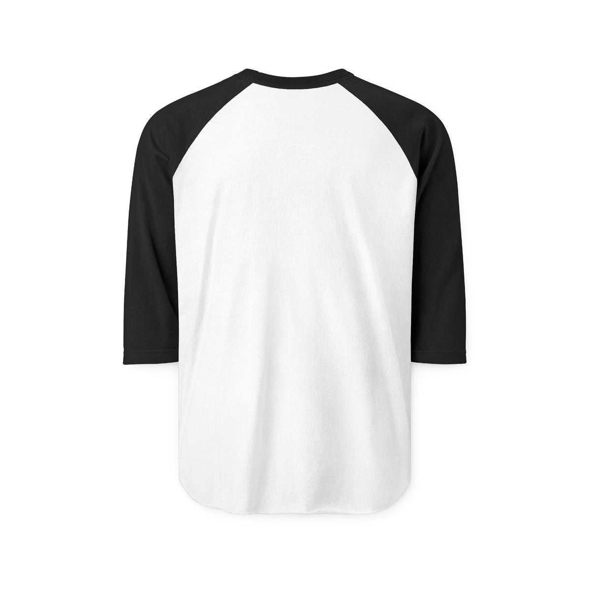 Back view of the white raglan baseball T-shirt with contrasting black sleeves and crew neckline.