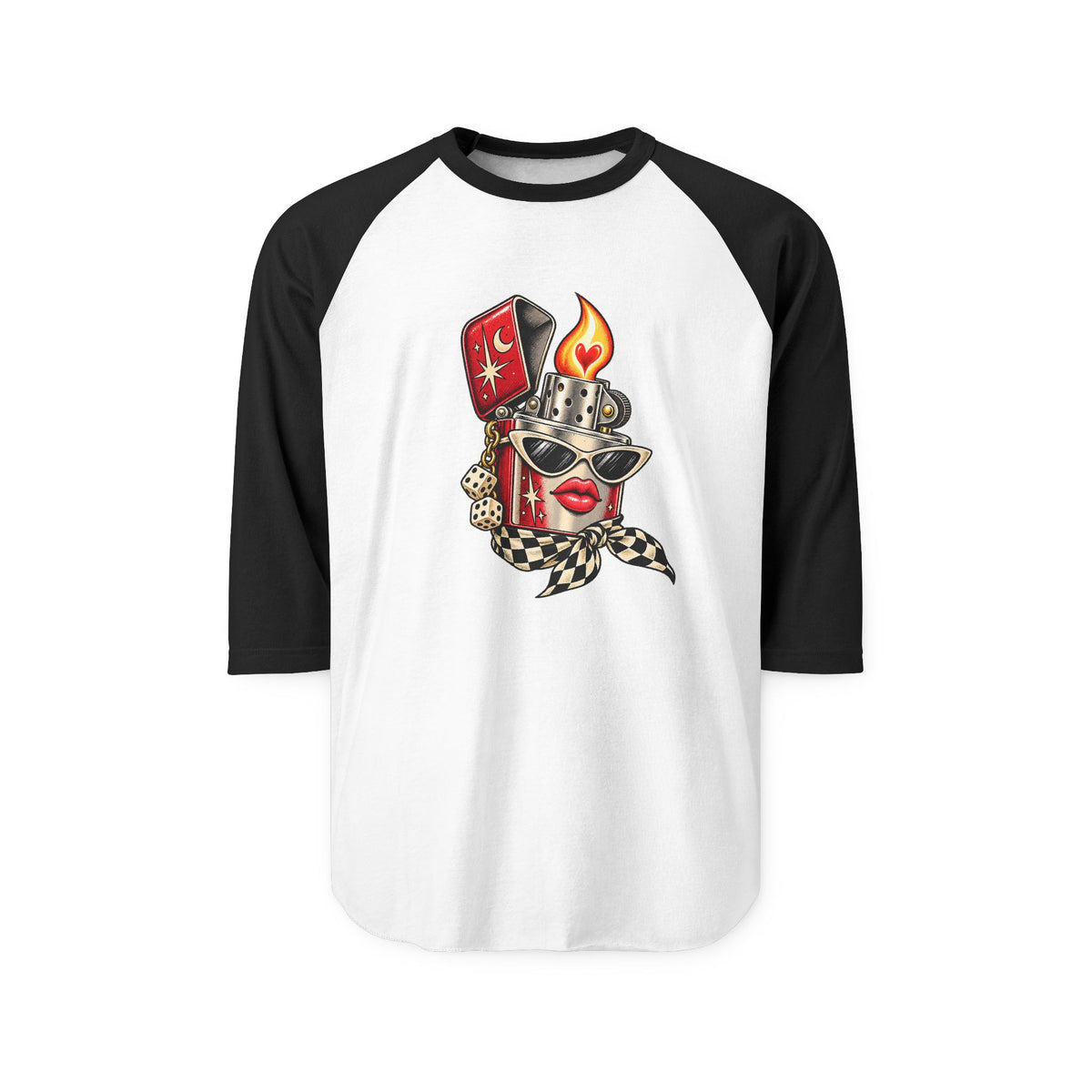 White unisex raglan baseball tee with black sleeves and illustrated red lighter featuring a heart-shaped flame and checkerboard scarf.