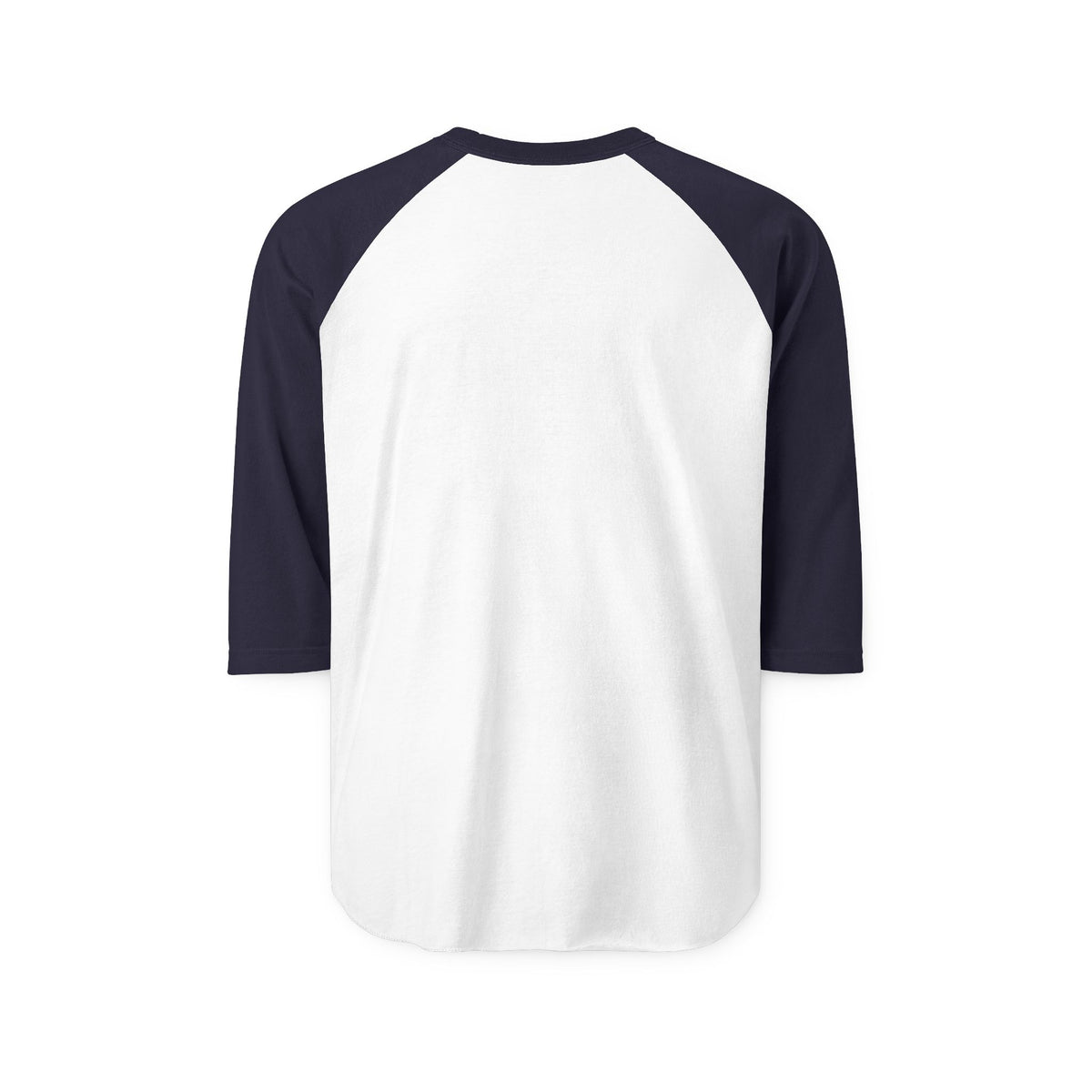 Back view of the white unisex three-quarter sleeve raglan shirt with contrasting navy sleeves.