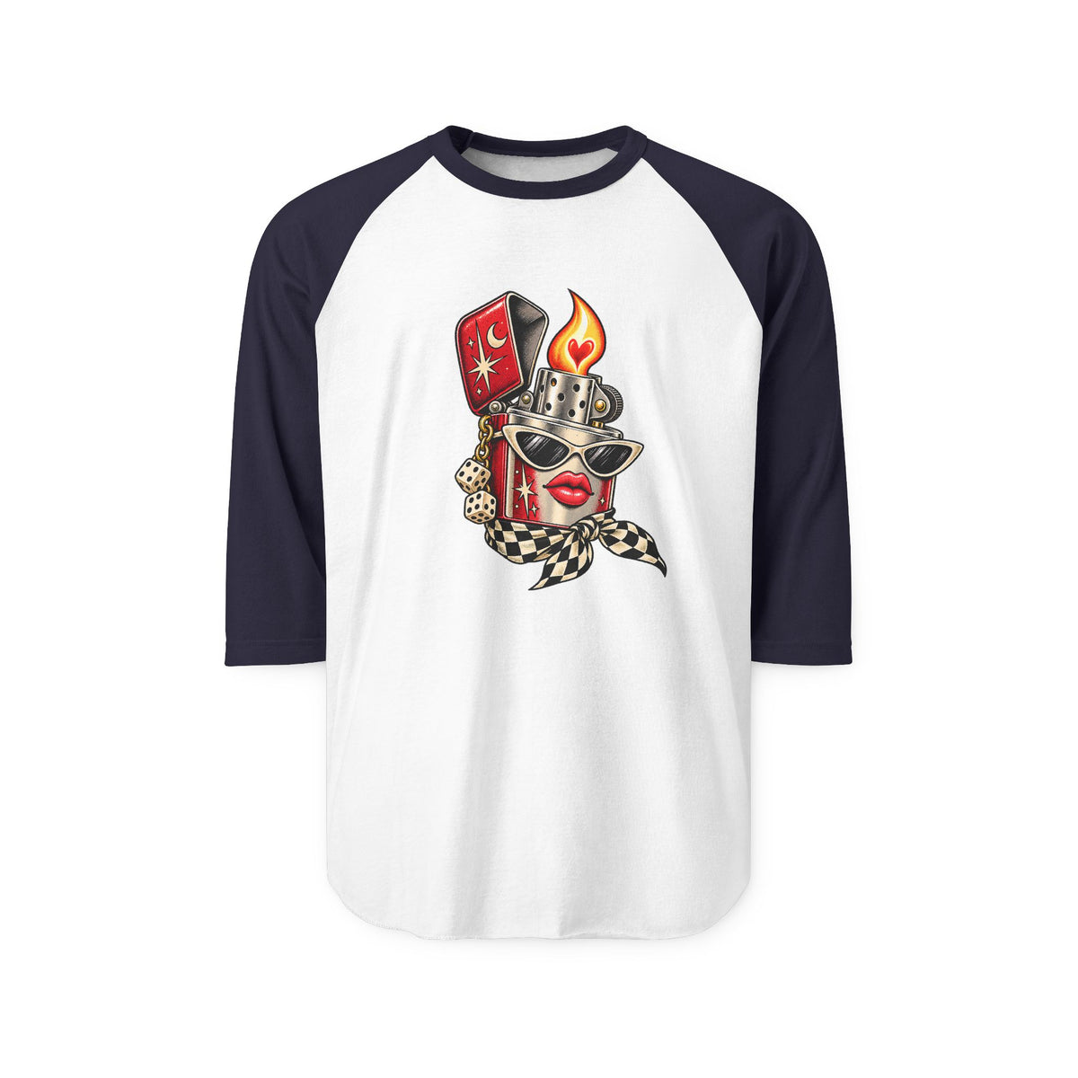White and navy three-quarter sleeve baseball tee featuring original lighter artwork with cat-eye sunglasses, red lips and lucky dice.