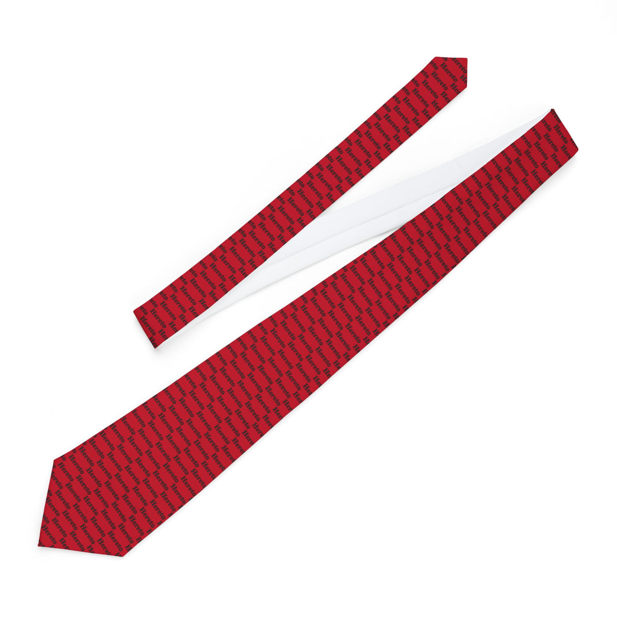Flat lay image of the Hereto Red Legal Necktie showing front and back sides with repeating “Hereto” text on red background.