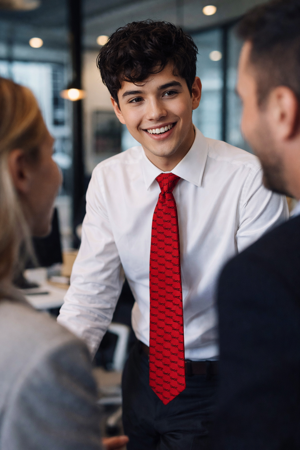 Young man wearing the Hereto red legal necktie with a white shirt during an office conversation.