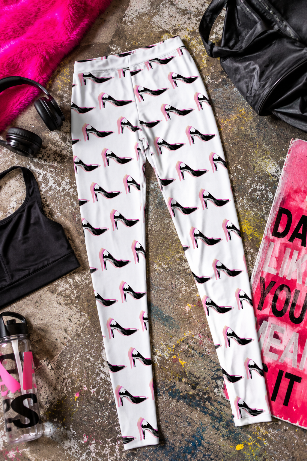 High heel print leggings styled in colorful fashion editorial flat-lay photography