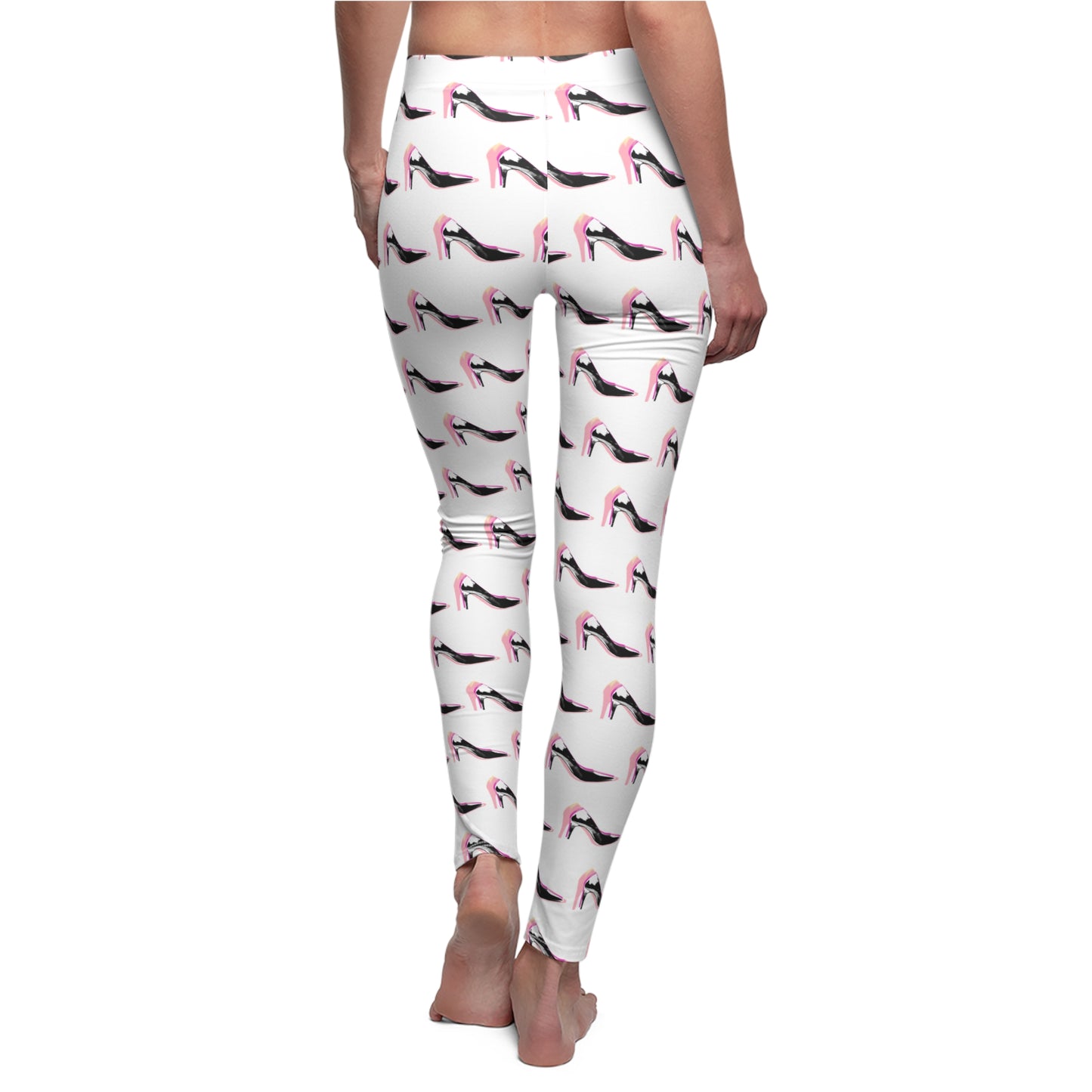 Back angle view of women's high heel print leggings with designer fashion pattern