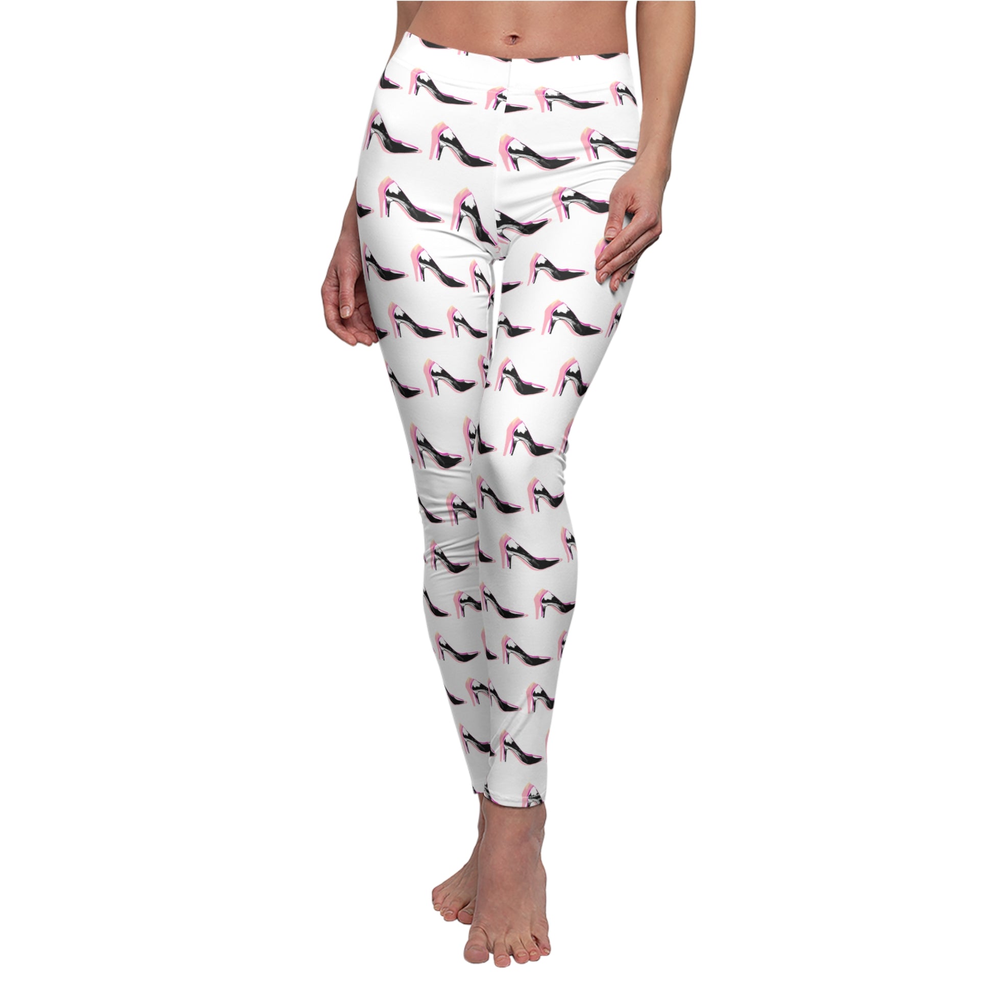 Women's high heel print leggings with repeating fashion illustration pattern front angle view