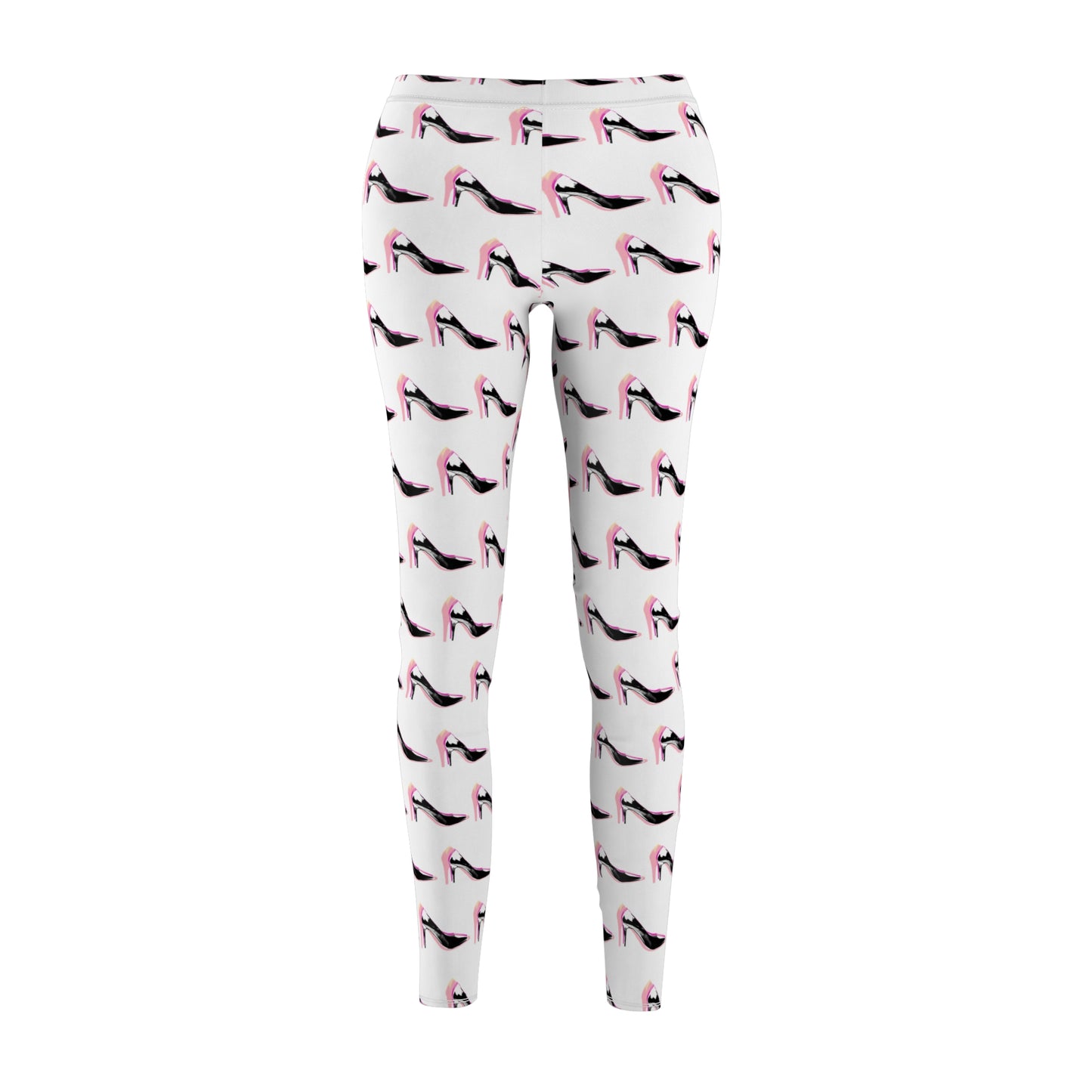 Front view of women's high heel print leggings featuring hand-drawn fashion artwork