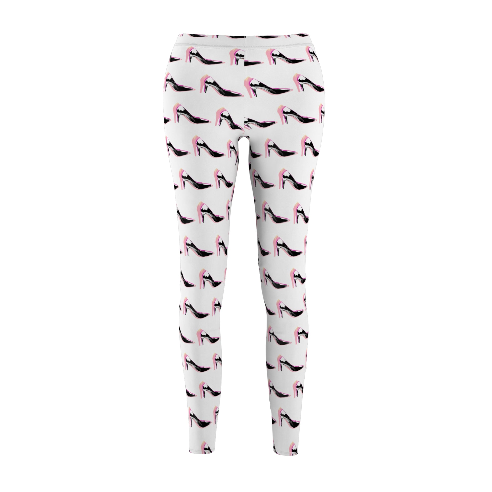 Front view of women's high heel print leggings featuring hand-drawn fashion artwork