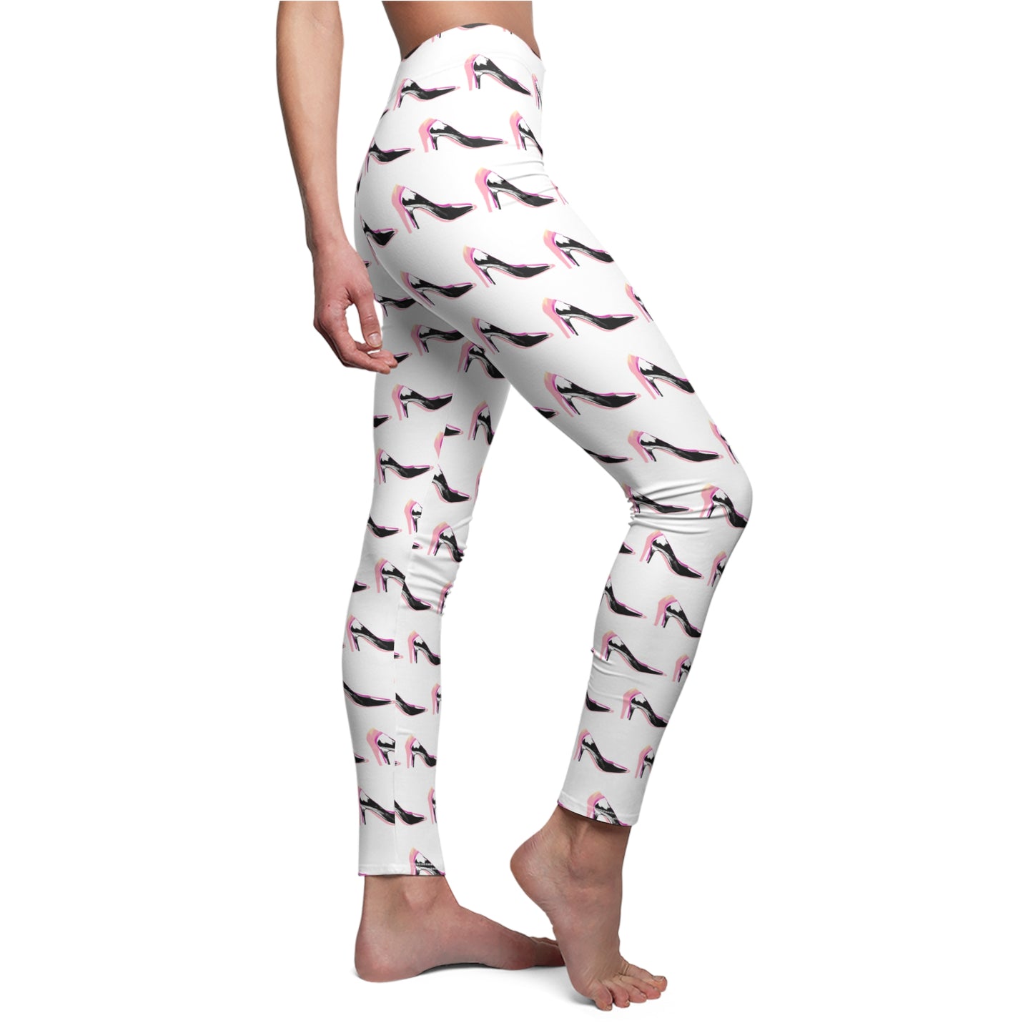 Side view of women's high heel print leggings featuring fashion-inspired artwork