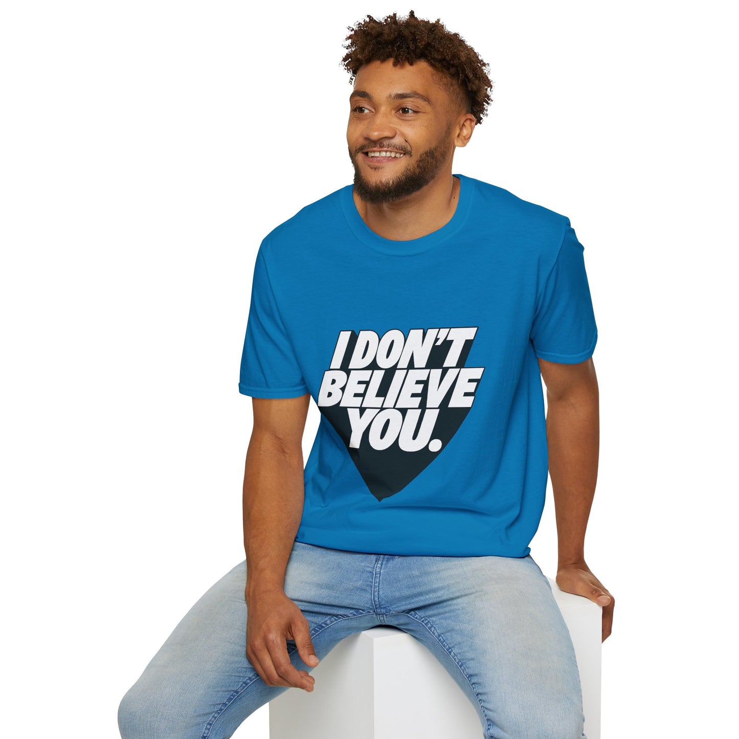 man wearing blue I Don't Believe You statement graphic t-shirt casual lifestyle photo