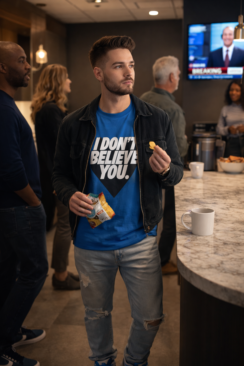 man wearing blue "I Don't Believe You" graphic t-shirt in bar scene funny sarcastic statement shirt