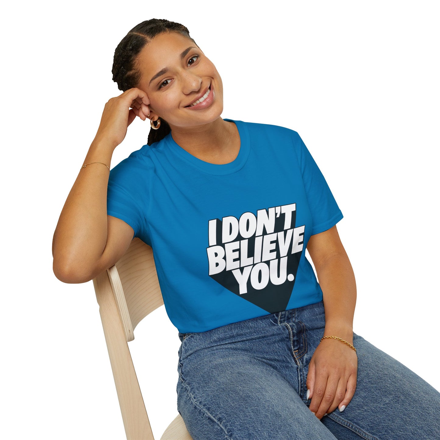 woman wearing blue I Don't Believe You sarcastic graphic t-shirt smiling portrait