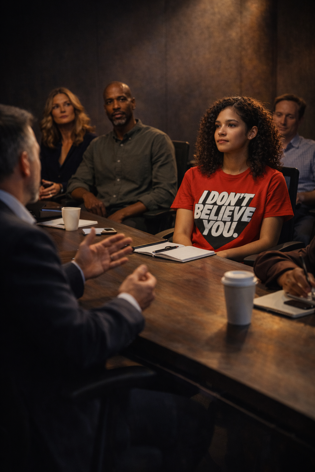People wearing “I Don’t Believe You” graphic t-shirts in an office setting