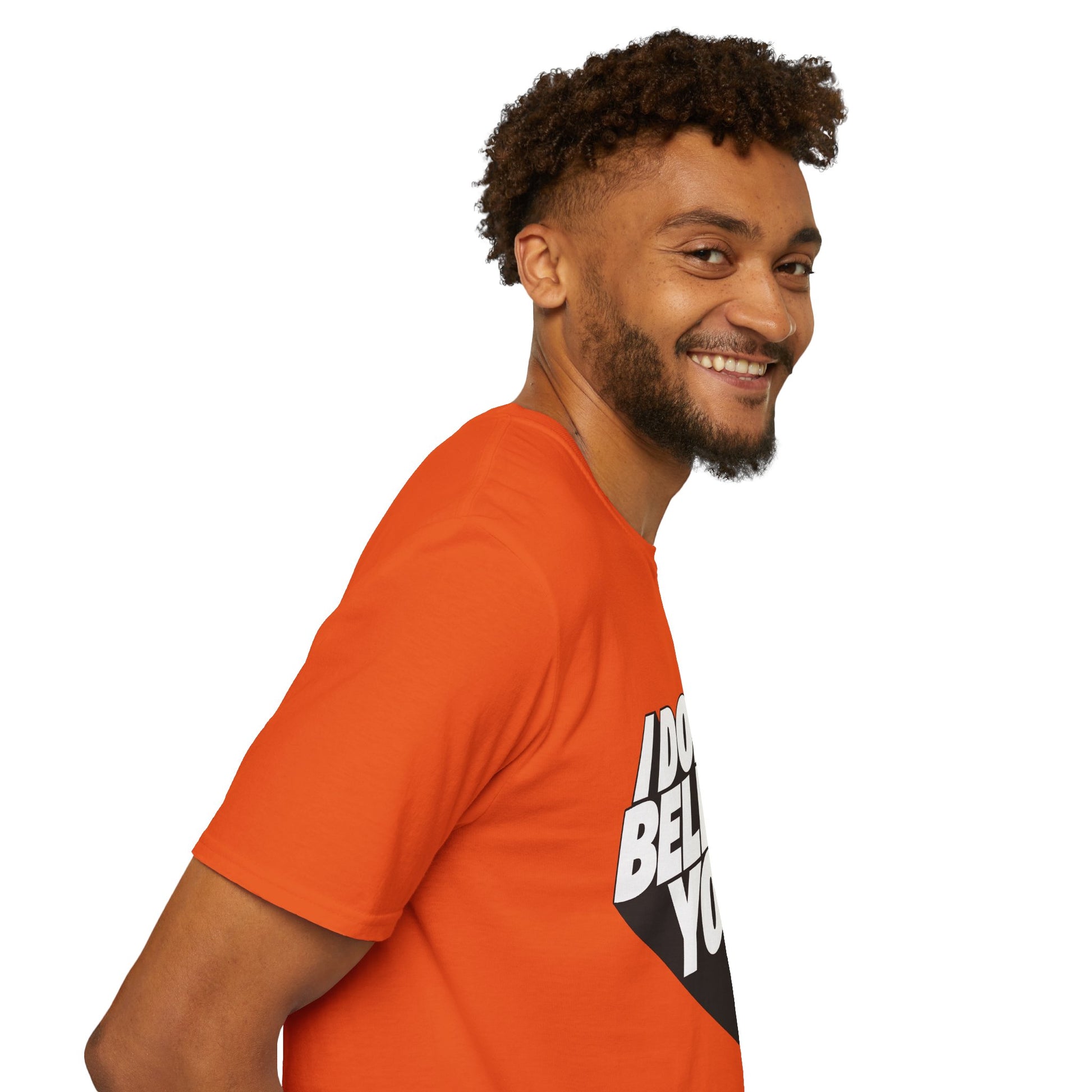 man wearing orange I Don't Believe You sarcastic graphic tee casual portrait