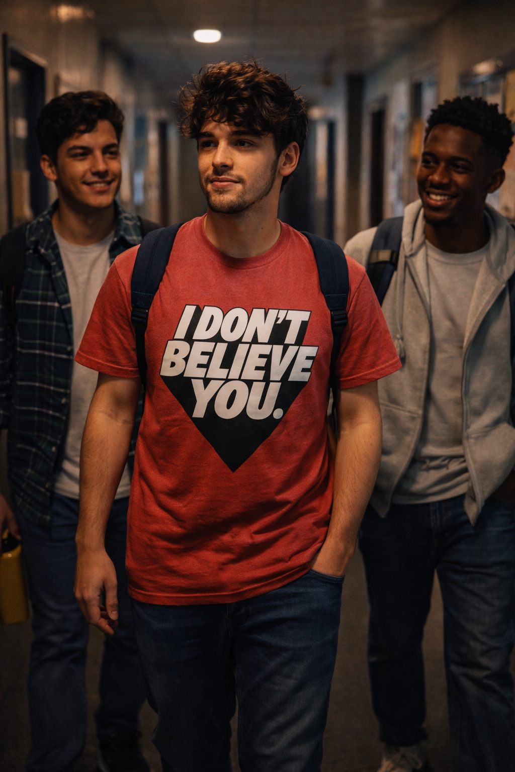 man wearing red I Don't Believe You sarcastic graphic t-shirt walking lifestyle scene
