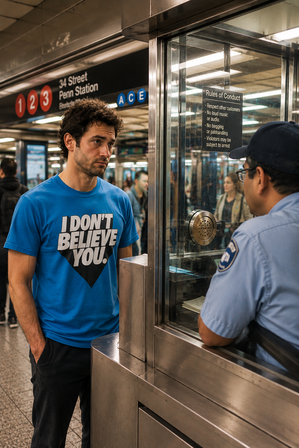 Young man wearing the I Don't Believe You unisex graphic t-shirt in blue in a modern urban street setting.