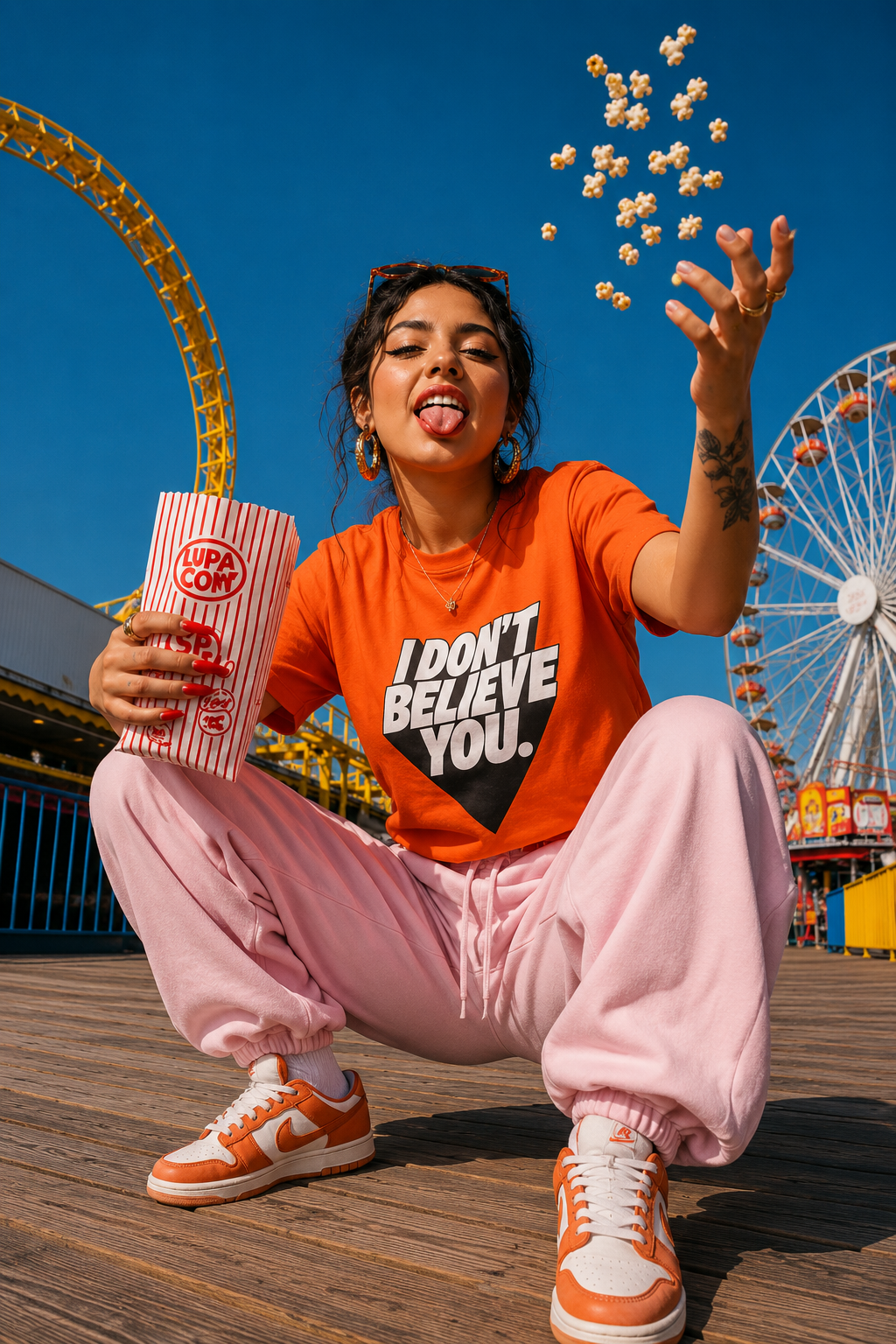 Gen Z woman wearing the I Don't Believe You unisex graphic t-shirt in orange while sitting on a boardwalk amusement park, enjoying popcorn in a colorful editorial lifestyle scene.