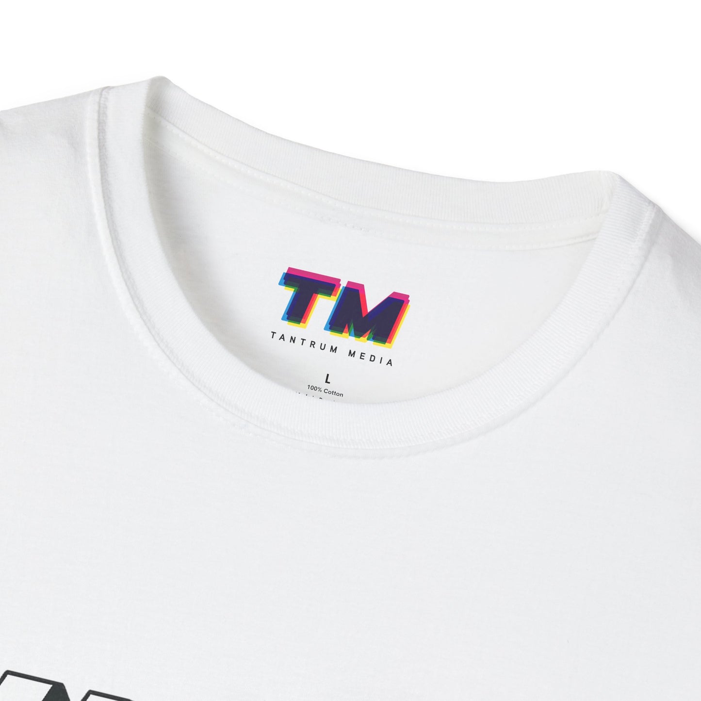 Close-up of Tantrum Media t-shirt label showing cotton fabric detail