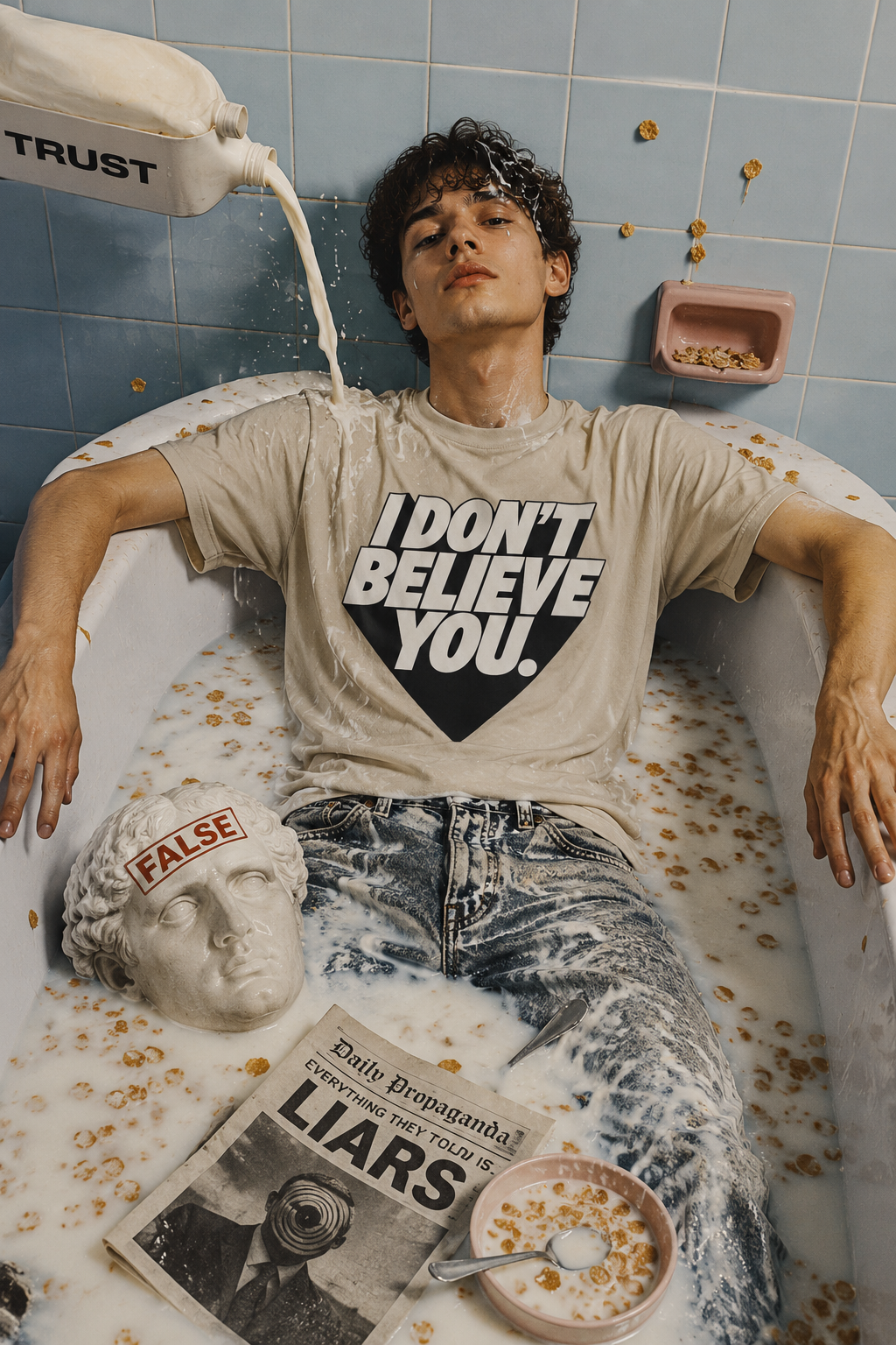 Young adult wearing the I Don't Believe You unisex graphic t-shirt while relaxing on a bathtub in an editorial lifestyle scene.