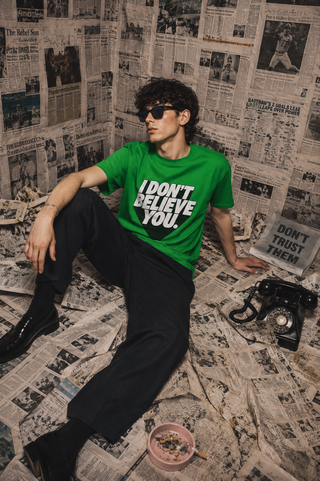 Young man wearing the I Don't Believe You unisex graphic t-shirt in green posed against a newspaper-covered backdrop in an editorial fashion scene.