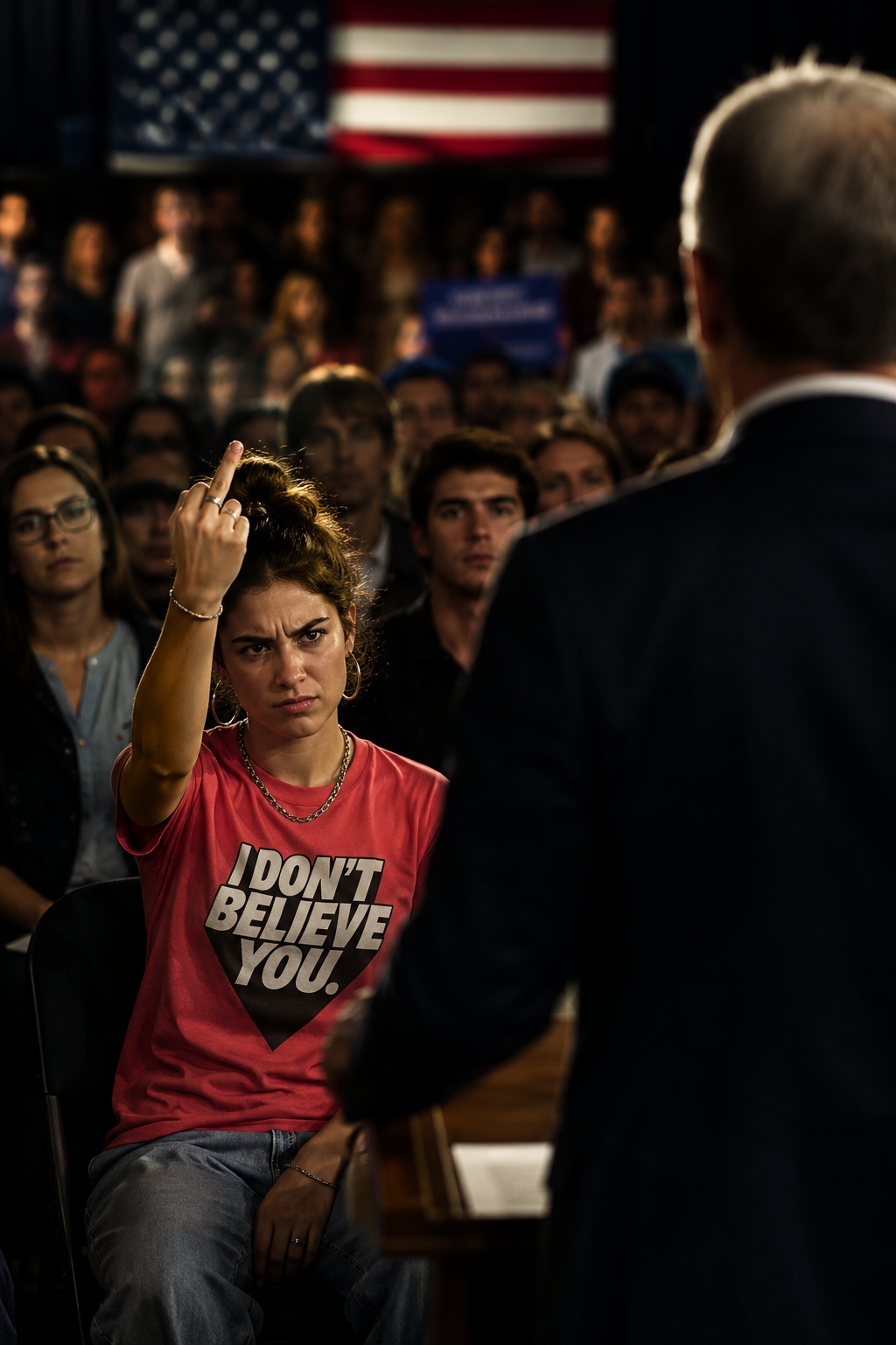 Person wearing the I Don't Believe You unisex graphic t-shirt at a political rally surrounded by a crowd.