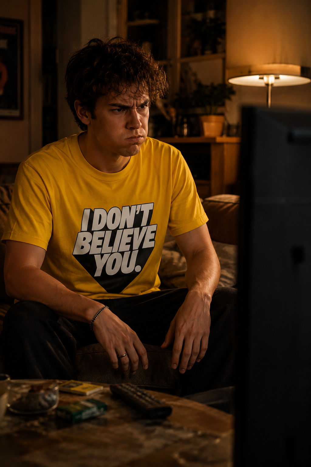 Young man wearing the I Don't Believe You unisex graphic t-shirt in yellow while working late at a desk in a cinematic editorial scene.
