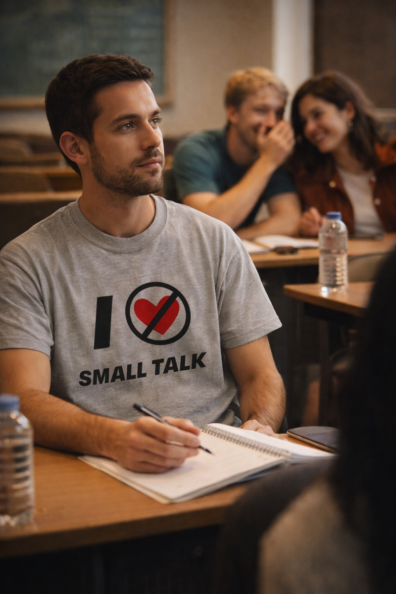 Millennial student wearing an “I Don’t Love Small Talk” t-shirt in a university classroom while classmates gossip behind him