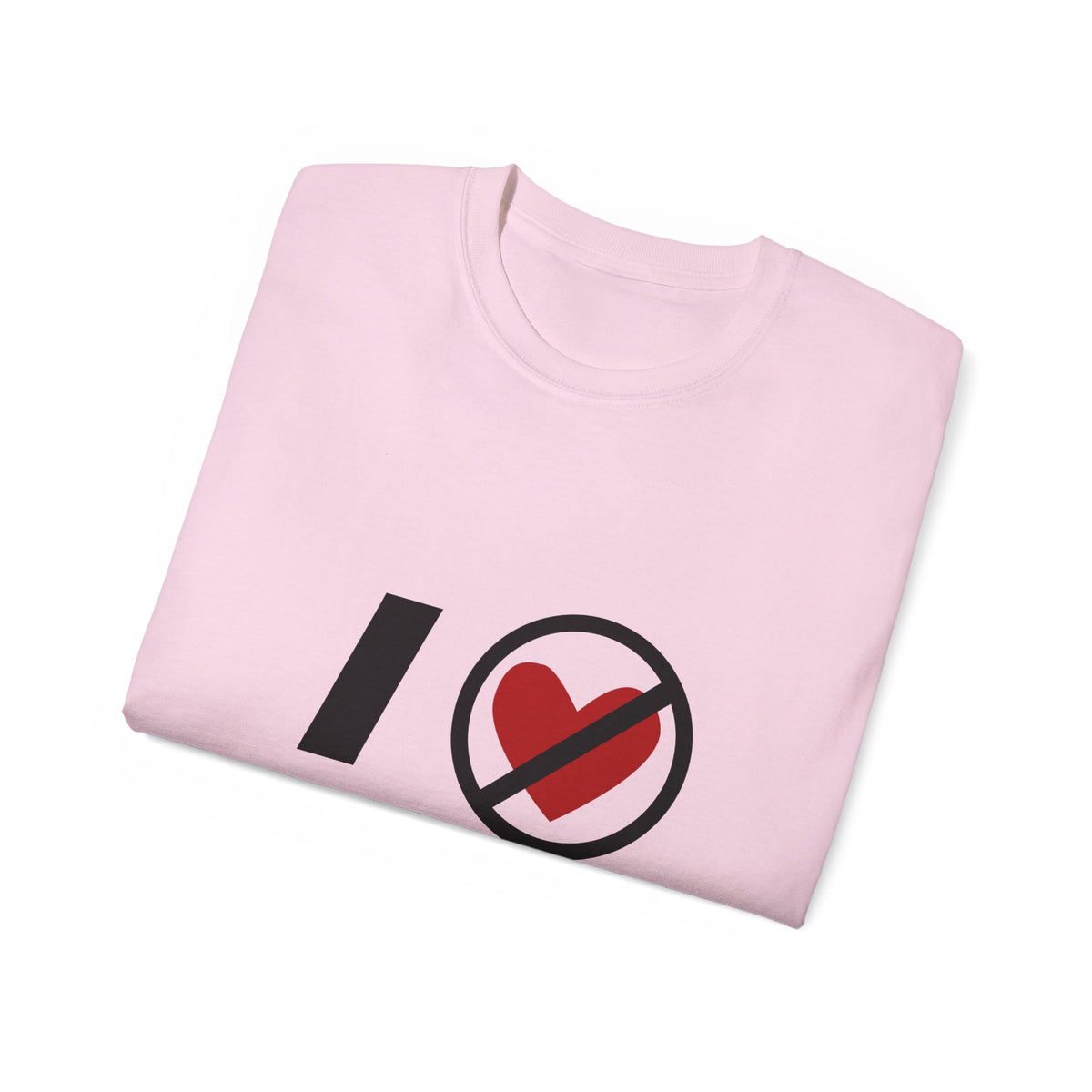 Folded pink “I Don’t Love Small Talk” graphic t-shirt on white background